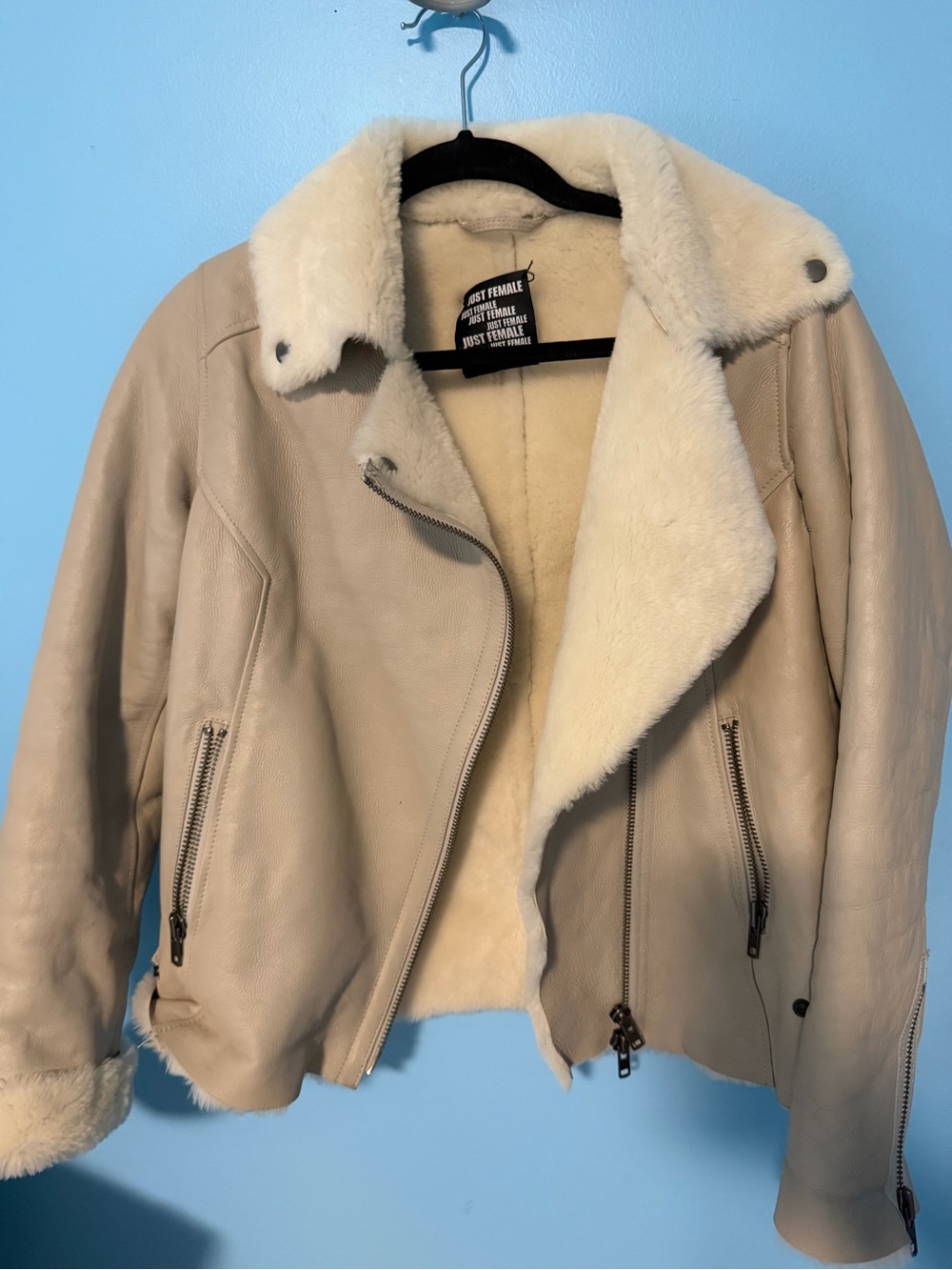 Just Female Cream Shearling Bomber Jacket